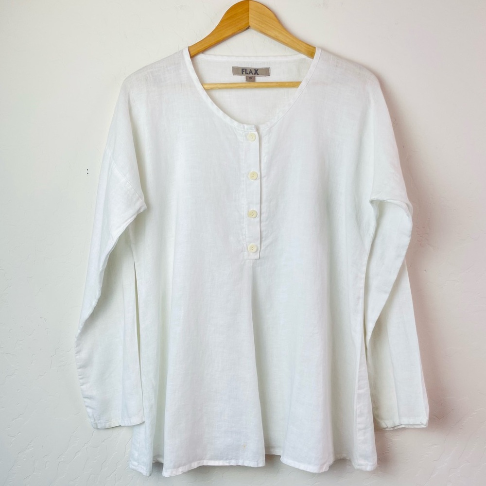 Flax Womens 100% Linen Long Sleeve Quarter Button Front Lagenlook Top Size Small